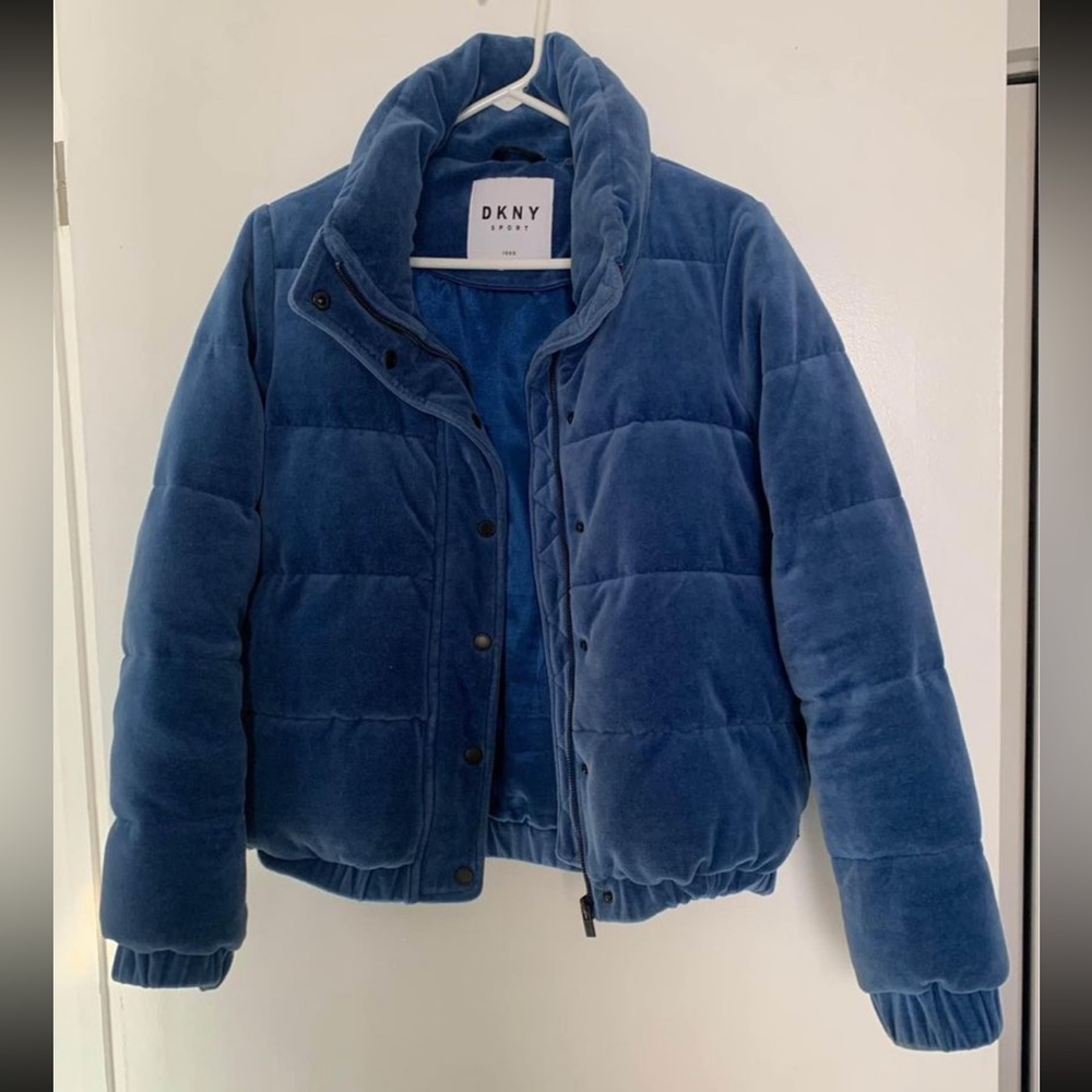 DKNY blue velour puffer jacket size xs